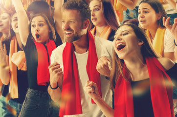 Group of happy fans are cheering for their team victory.
