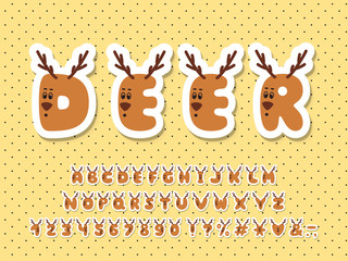 Cartoon Alphabet deer sticker design. Vector Letters and numbers