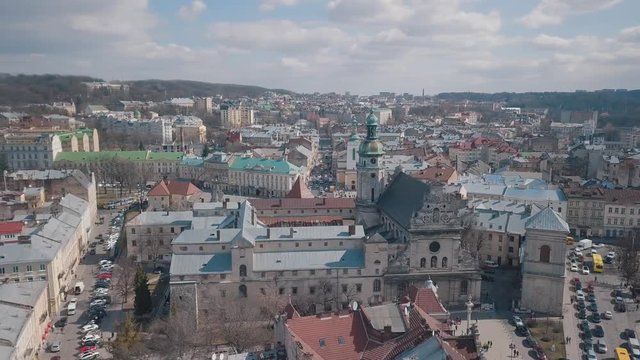 Aerial City Lviv, Ukraine. European City. Popular areas of the city. Church