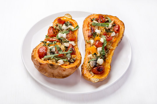 Two Halves of Stuffed Roasted Butternut Squash