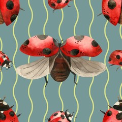 Watercolor pattern cute red ladybug, insects in watercolor technique is perfect for printing fabrics, Wallpaper, paper, etc-Illustration