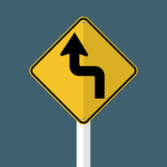 Curves ahead Left Traffic Road Sign isolated on grey sky background.Vector illustration