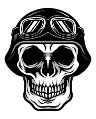 Detailed Classic Skull Head Wearing Retro Biker Helmet and Pilot Goggles Illustration