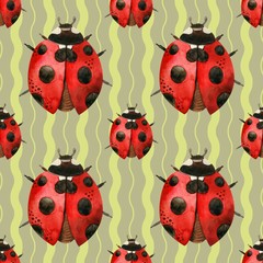 Watercolor pattern cute red ladybug, insects in watercolor technique is perfect for printing fabrics, Wallpaper, paper, etc-Illustration