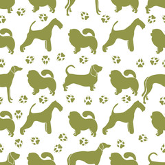 Seamless pattern with dogs and dog tracks.