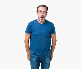 Handsome middle age hoary senior man wearin glasses over isolated background afraid and shocked with surprise expression, fear and excited face.