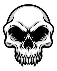 Detailed Classic Skull Head Black and White Illustration