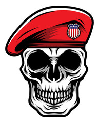 Detailed Classic Skull Head Wearing Red Military Army Beret Illustration - obrazy, fototapety, plakaty