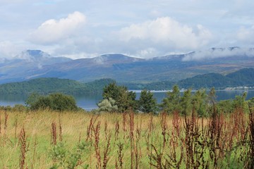 Loch Lomond, Scotland - view of lake from banks and Ben Lomond slopes 