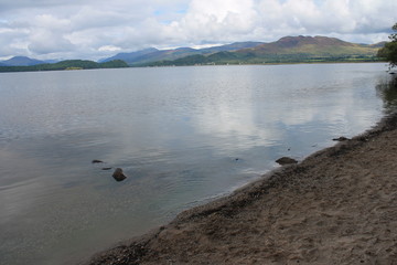 Loch Lomond, Scotland - view of lake from banks and Ben Lomond slopes 