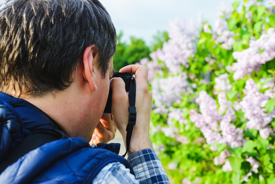 Male photographer makes a photo with pink flowers in the trees close-up. Spring bloom in the park.