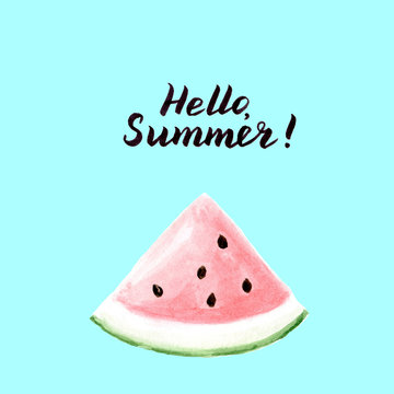 Hello summer card with watermelon triangle slice on blue background