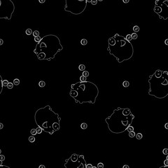 Outline Seamless Pattern of Piggy Bank Savings and Coin.