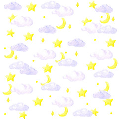 Watercolor clouds, moon and stars background.