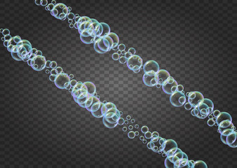 Fizz background with shampoo foam and soap bubbles. Vibrant spray and splash. Realistic water frame and border. 3d vector illustration concept. Isolated colorful liquid fizz.