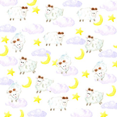 Watercolor sheeps, stars, moon and clouds background