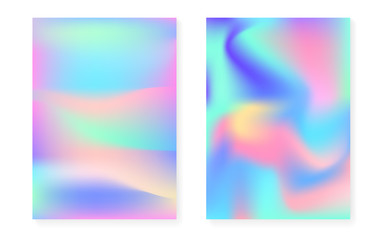 Hologram gradient background set with holographic cover. 90s, 80s retro style. Pearlescent graphic template for book, annual, mobile interface, web app. Trendy minimal hologram gradient.