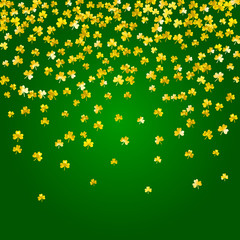 Saint patricks day background with shamrock. Lucky trefoil confetti. Glitter frame of clover leaves. Template for gift coupons, vouchers, ads, events. Celtic saint patricks day backdrop.