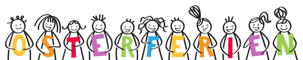 OSTERFERIEN Reihe von Strichmännchen halten bunte Buchstaben