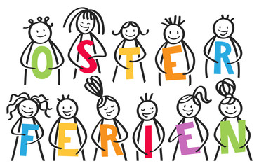 OSTERFERIEN Gruppe von Strichmännchen halten bunte Buchstaben