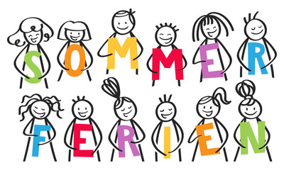 SOMMERFERIEN Gruppe von Strichmännchen halten bunte Buchstaben