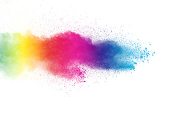Colorful powder explosion on white background. Abstract pastel color dust particles splash.