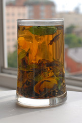 Tall glass cup with herbal tea on the background of the window. The beautiful color of tea leaves and aroma provide herbs that are good for health. Backlight from the window.