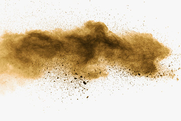 Abstract deep brown dust explosion on white background.  Freeze motion of coffee liked color dust splash.