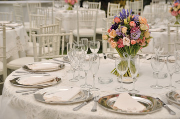 decoration of marriage table, flowers and glasses