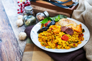 Prawn with rice - closeup of prawn with rice - traditionnal spanish food paella