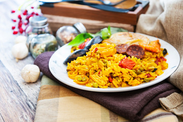 Prawn with rice - closeup of prawn with rice - traditionnal spanish food paella