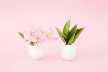 Happy Easter, decor, Easter decor, egg, background, flowers, Easter concept, copy space, top view, minimal Premium Photo