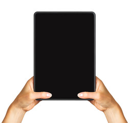 Women's hand showing black tablet, concept of taking photo or selfie