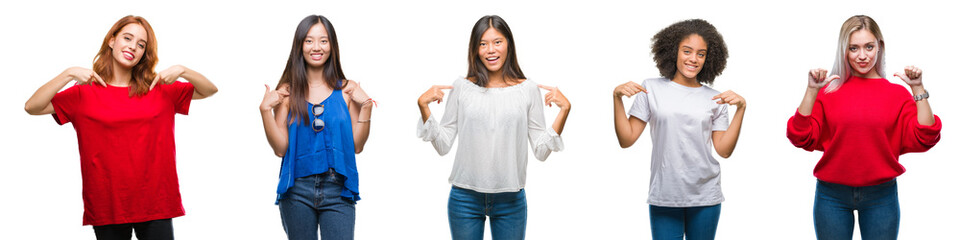 Collage of group of beautiful Chinese, asian, african american, caucasian women over isolated background looking confident with smile on face, pointing oneself with fingers proud and happy.