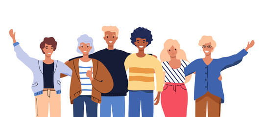 Happy people group portrait. Friends waving hands, embracing each other vector illustration