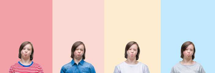 Collage of down syndrome woman over colorful stripes isolated background puffing cheeks with funny face. Mouth inflated with air, crazy expression.