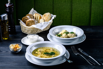 noodle soup on a table in a restaurant, menu for a cafe
