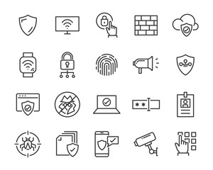 set of security icons, such as guard, cyber lock, unlock, shield, key