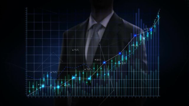 Businessman moves finger up, various animated Stock Market charts and graphs. Increase blue line. 4k animation.