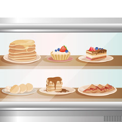 Glass showcase of cafe or bakery shop with various sweet desserts. Stack of pancakes, fritters, cupcakes, cake and tartelette. Tasty breakfast. Flat vector design