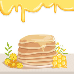 Stack of tasty pancakes watered with honey, cute yellow flowers and honeycomb on table. Delicious dessert. Flat vector design for promo poster or invitation card