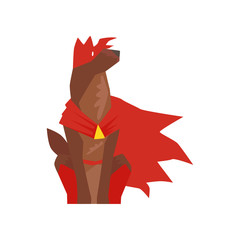 Superhero dog character sitting, super dog dressed in red cape and mask cartoon vector Illustration