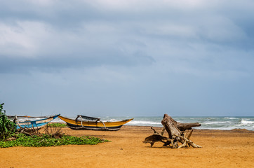 Fishing boats on the beach by the ocean. Kalutara. Sri Lanka