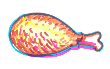 Fried chicken leg painted in highlighter felt tip pen on clean white background