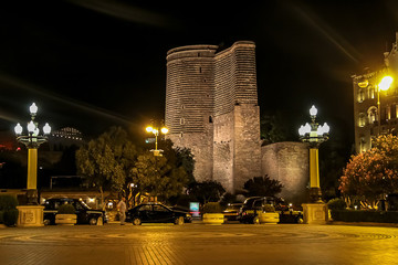 Maiden tower at night in Baku