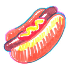 Single hot dog with mustard and ketchup painted in highlighter felt tip pen on clean white background