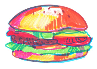 Traditional fast food hamburger sandwich painted in highlighter felt tip pen on clean white background - 256456163