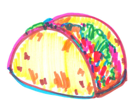 Traditional Mexican taco wrap painted in highlighter felt tip pen on clean white background