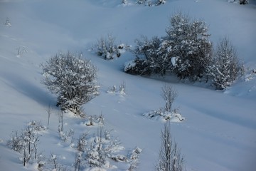 Mountain hut in the winter snow covered landascape.savsat/artvin/turkey
