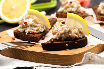 minced herring fillet with apple and egg on toasted rye bread, homemade traditional Jewish cuisine dish forshmak, snack or appetizer